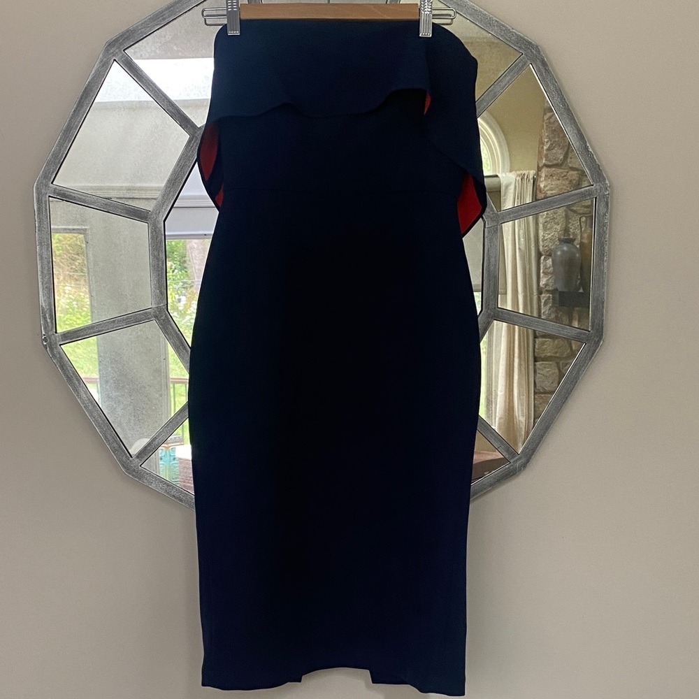 BCBGMaxAzria Midnight Blue strapless Dress with cool red ruffle